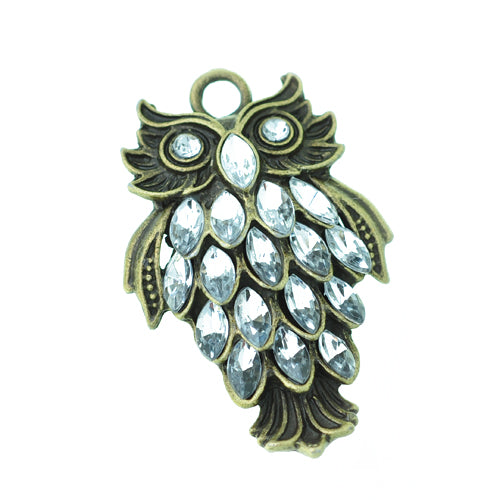 XL owl rhinestone pendant / brass colored / 48 mm